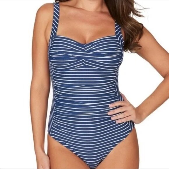 Niptuck one piece swimsuit size 12 blue white stripe slimming cruise vacation - Picture 1 of 10